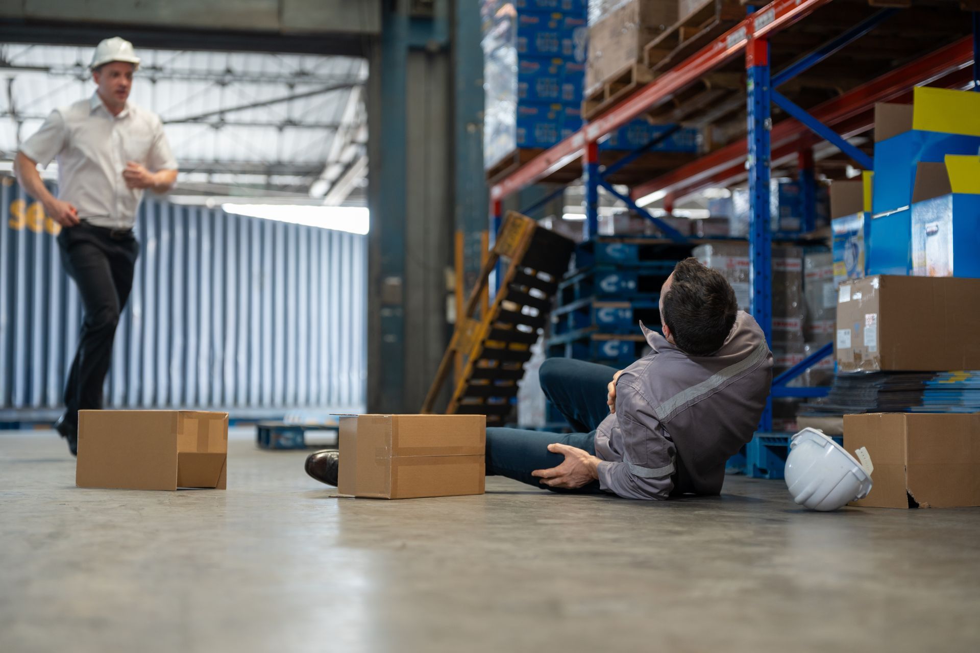 A man lies on the floor of a warehouse after falling. Another man runs toward him. 