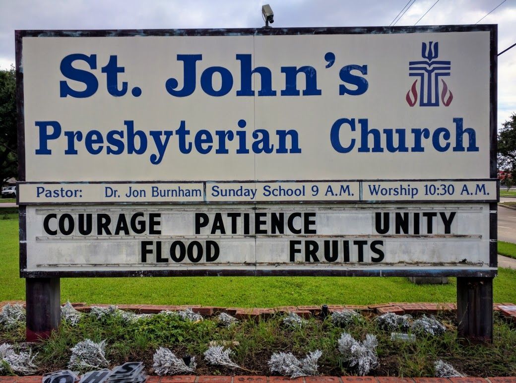 Meyerland Flood image of St. John's Presbyterian Meyerland after flood Hurricane Harvey flood in Meyerland