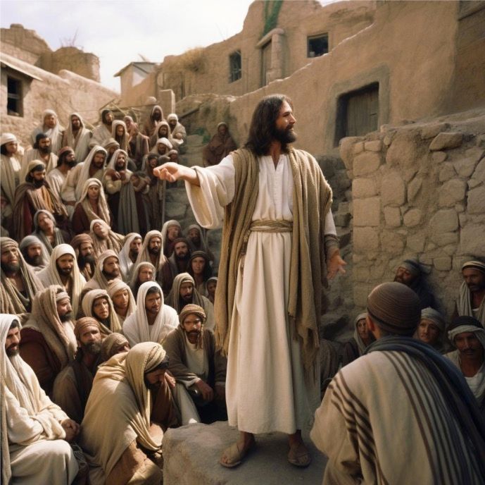 Jesus is standing in front of a crowd of people