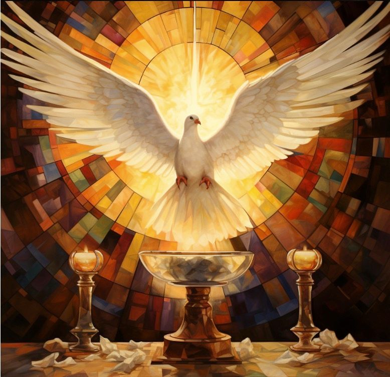 A painting of a white dove in front of a stained glass window