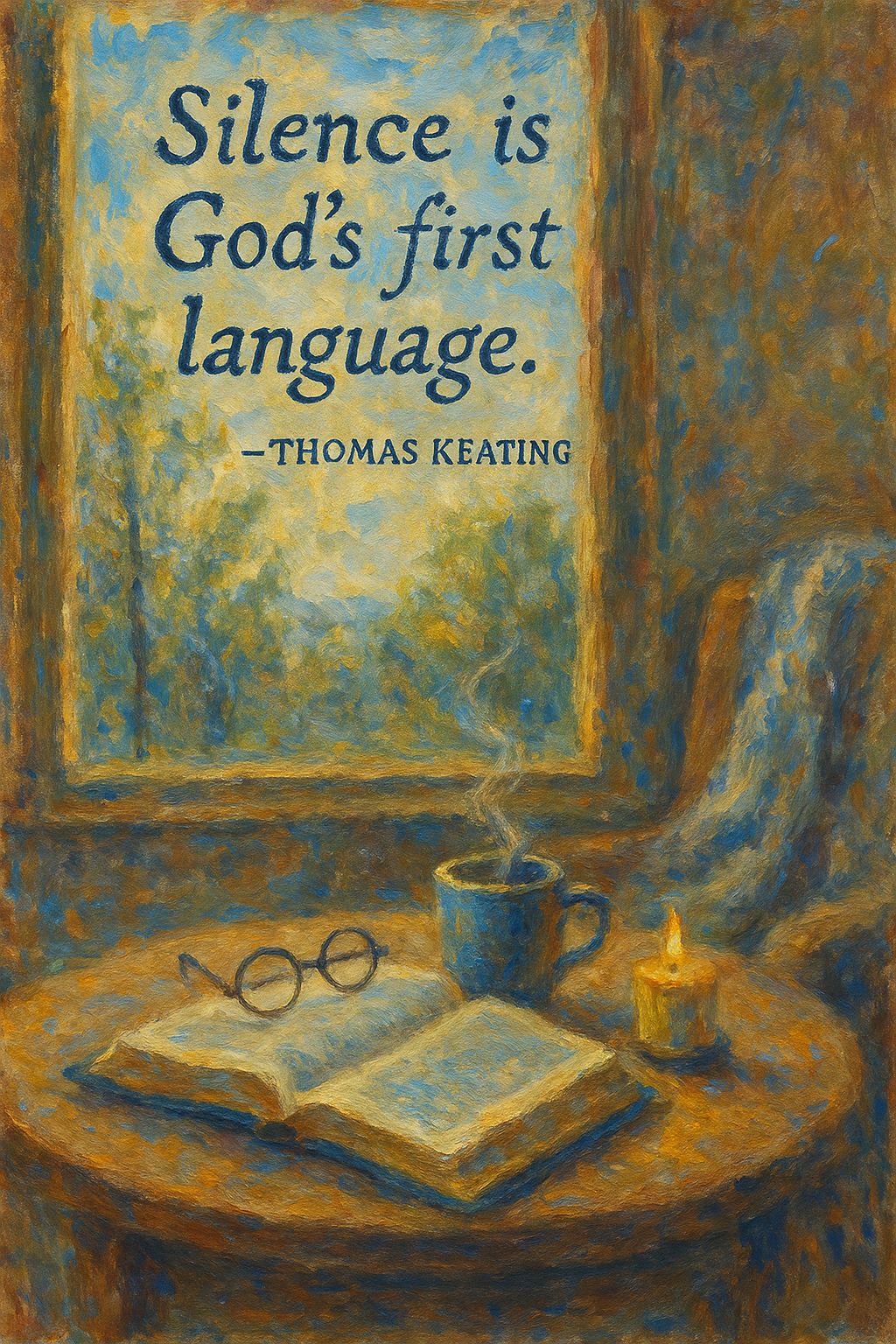 Impressionism style desk, BIble, window, text says: 