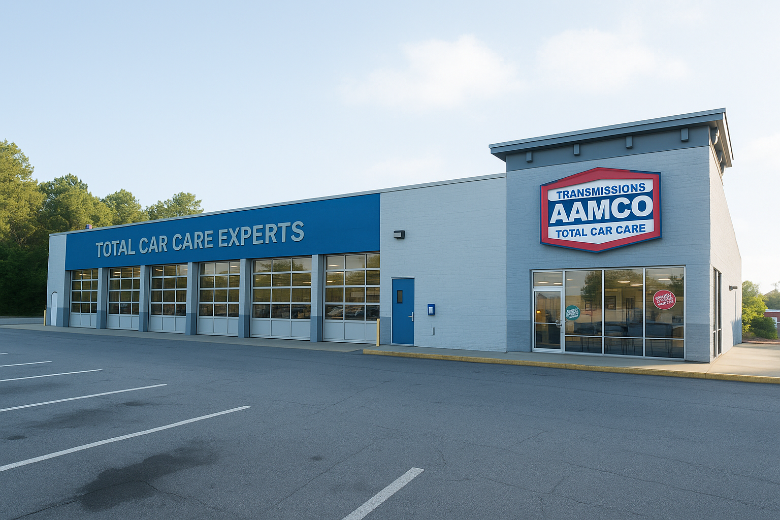 AAMCO auto repair shop with blue and gray exterior, large windows, and parking lot.
