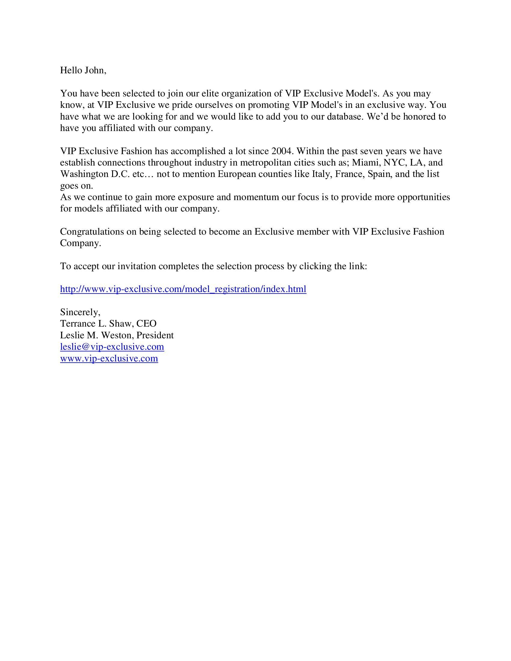 John Quinlan - VIP Exclusive Fashion Company Acceptance Letter (2011) #JohnJQuinlan