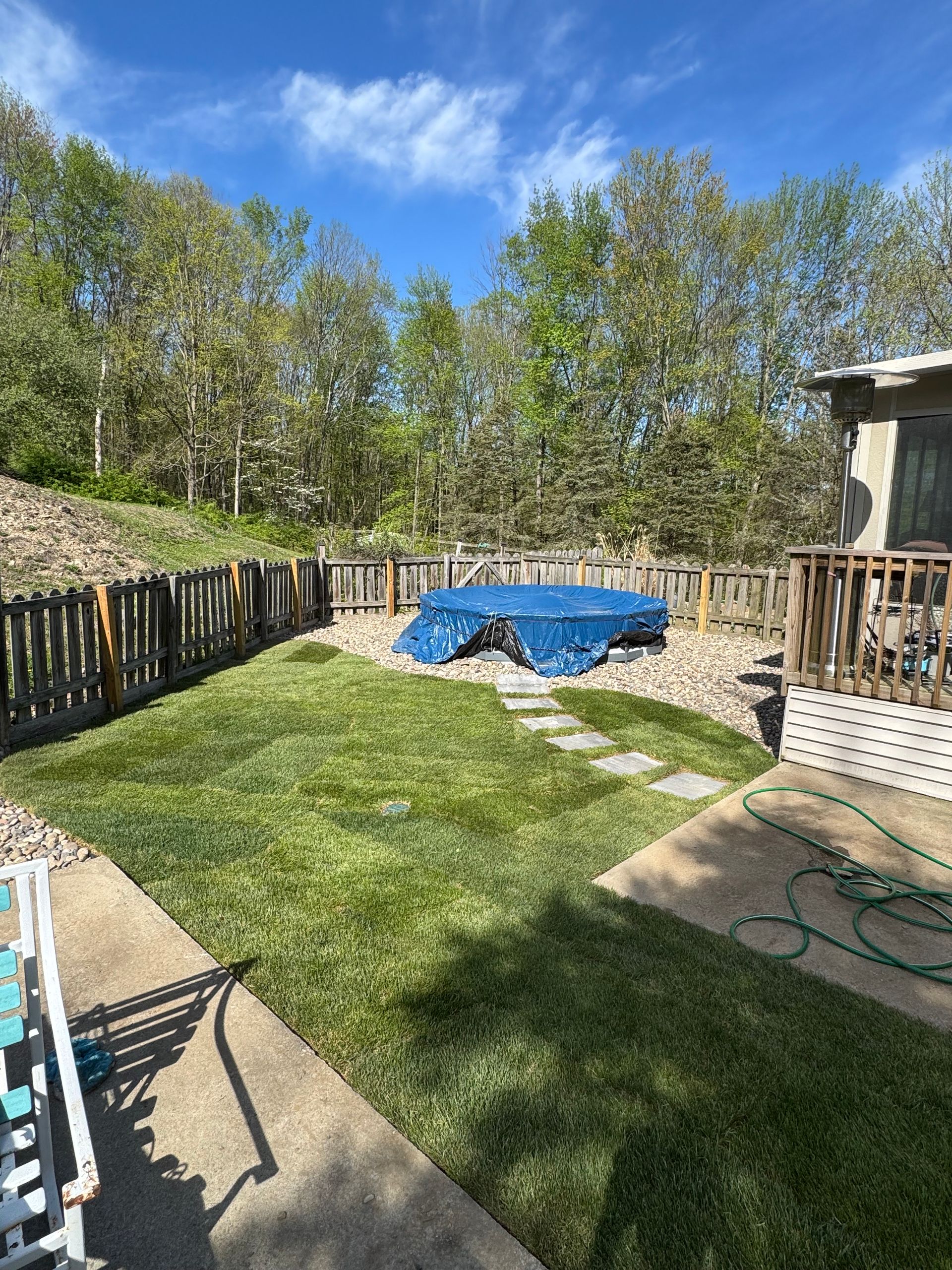 A backyard with a lawn, stone path, and a pool covered in blue tarp. Trees and a fence surround the space.