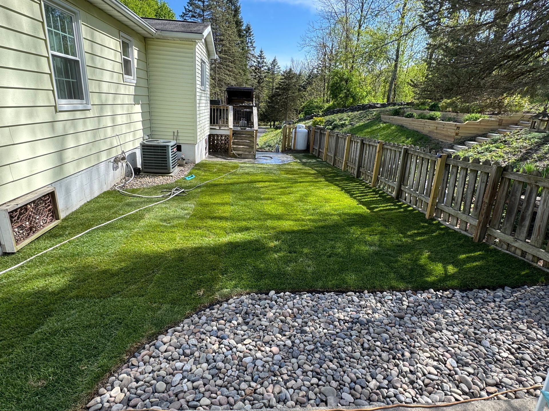Backyard with lush green lawn, gravel border, and a weathered wooden fence along a slightly raised bed with greenery.
