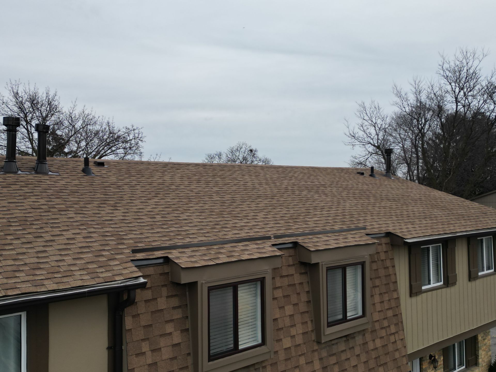 The roof of a house with a lot of windows and chimneys on it.