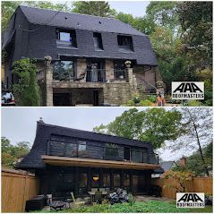 A before and after picture of a house with a black roof.
