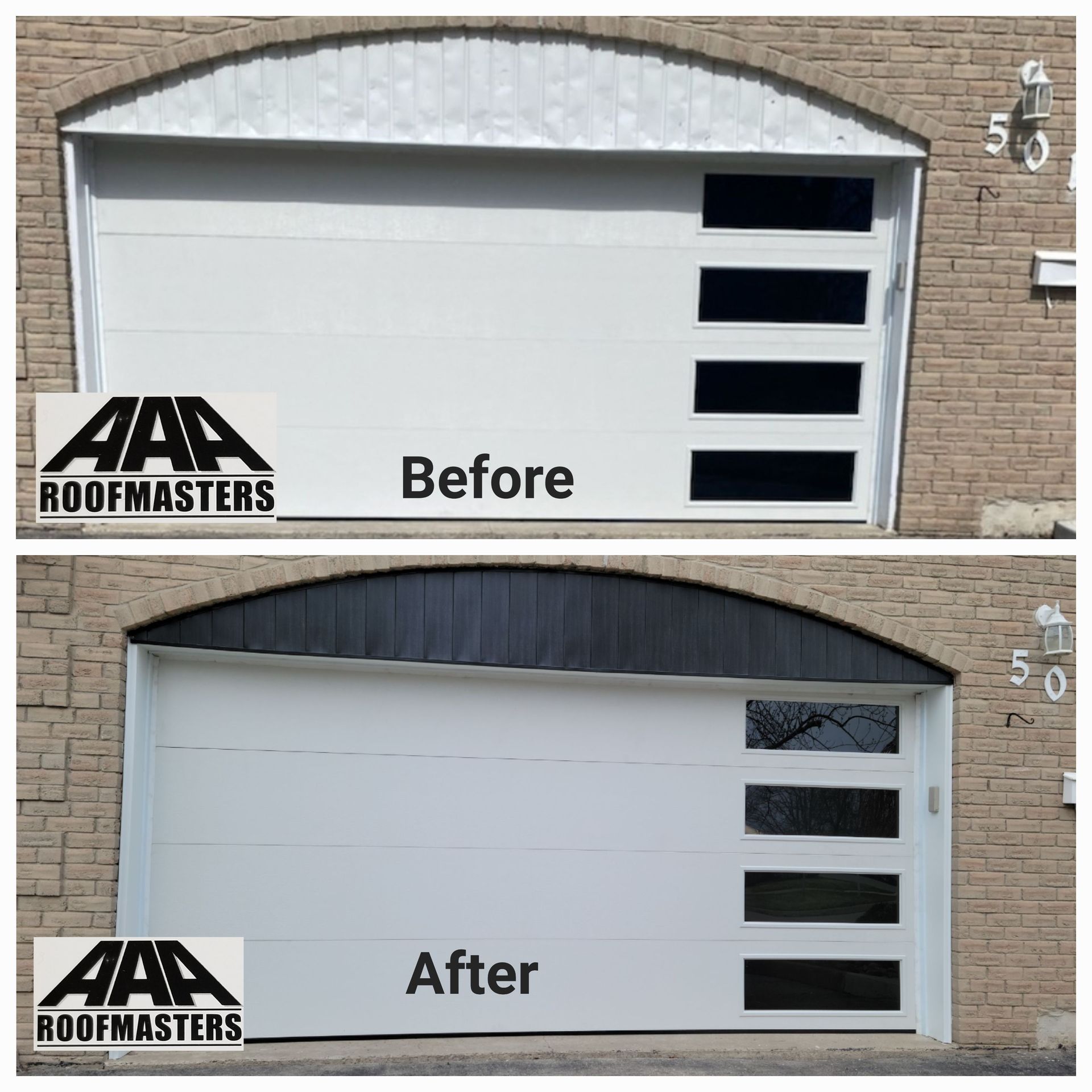 A before and after picture of a garage door.