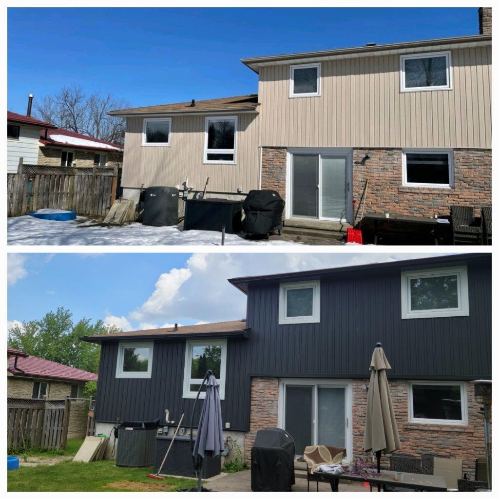 A before and after picture of a house with a black siding.