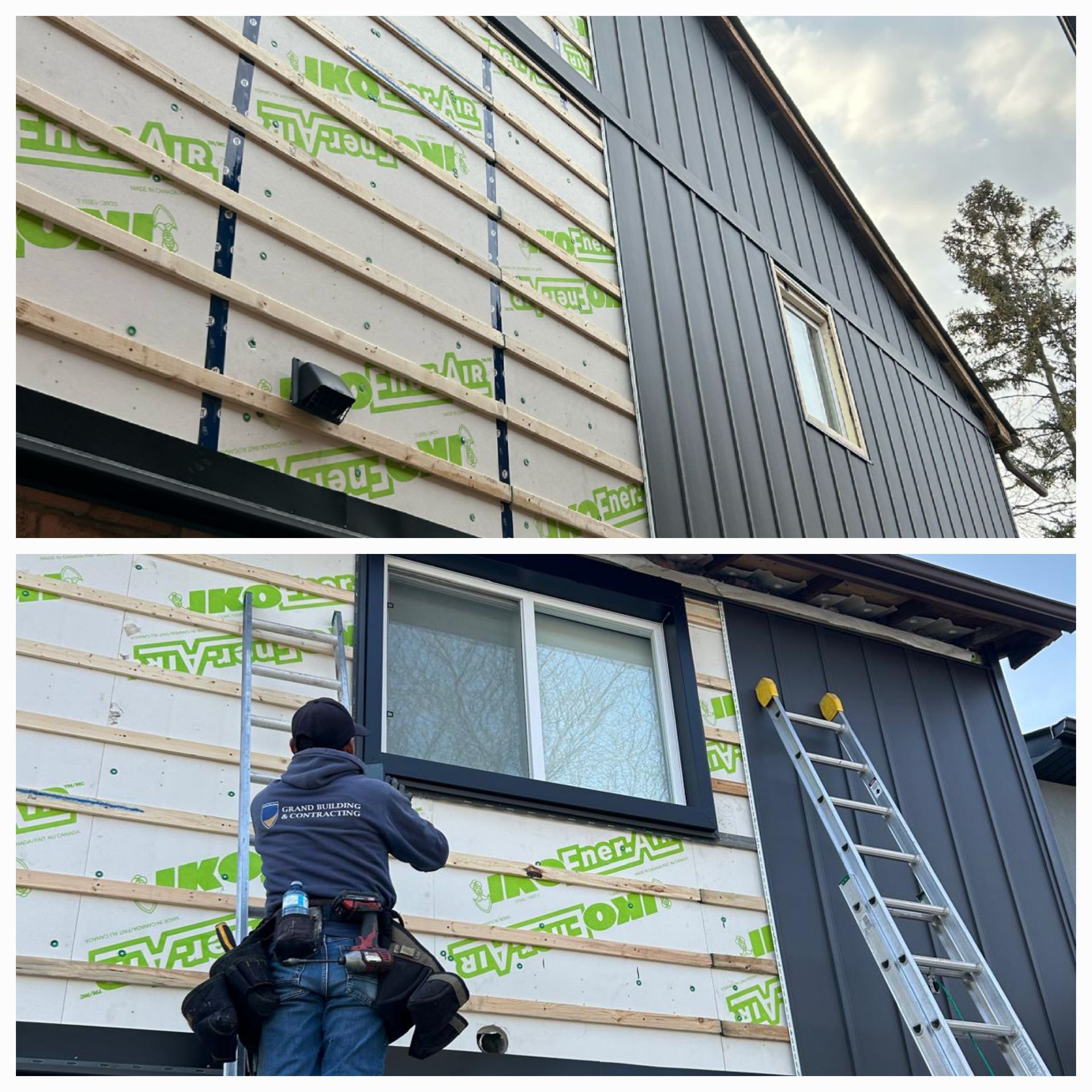 A man is standing on a ladder on the side of a house.