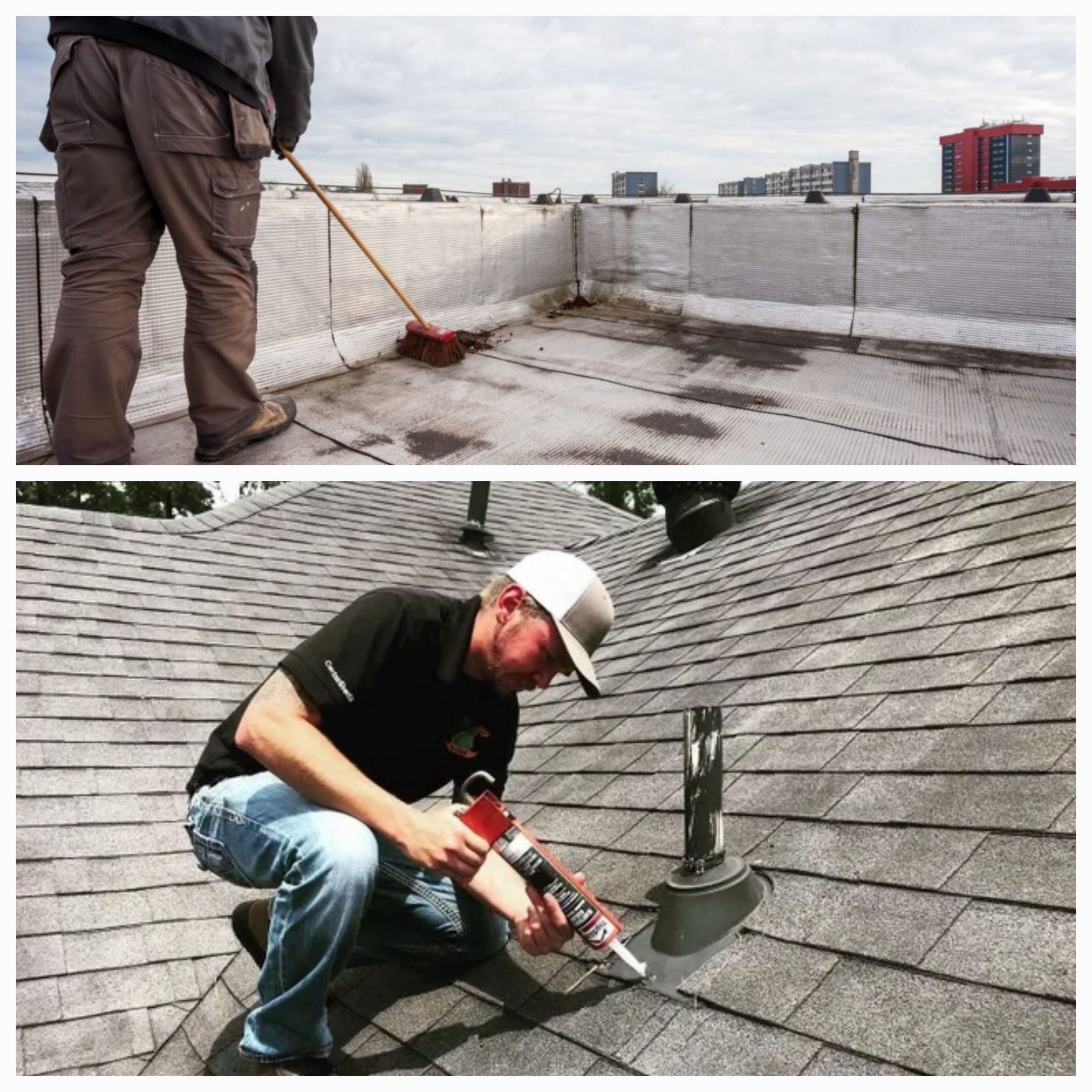 Top: Person cleaning a flat roof with a broom. Bottom: Person applying sealant to a chimney flashing on a shingle roof.