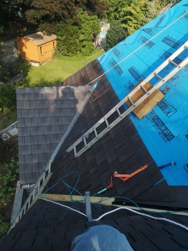 A ladder is attached to the side of a roof
