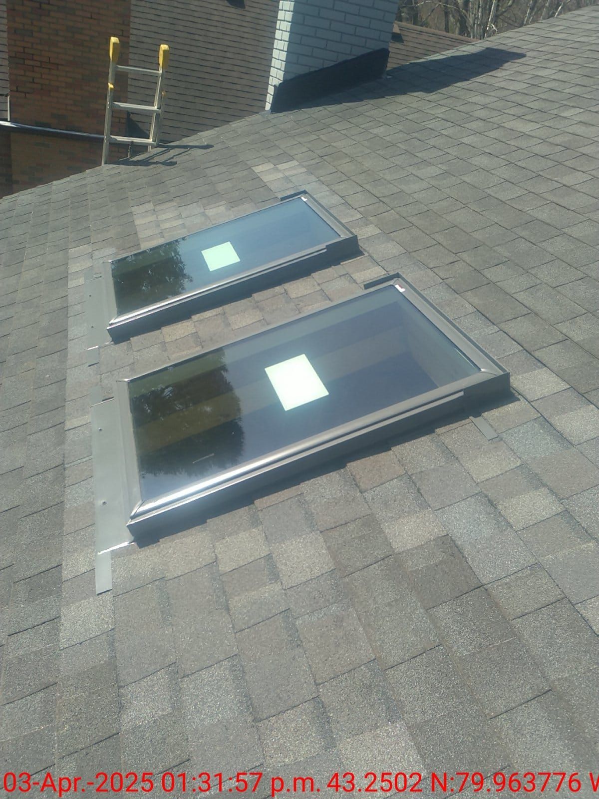 Two skylights on a shingled roof, a ladder leans nearby.