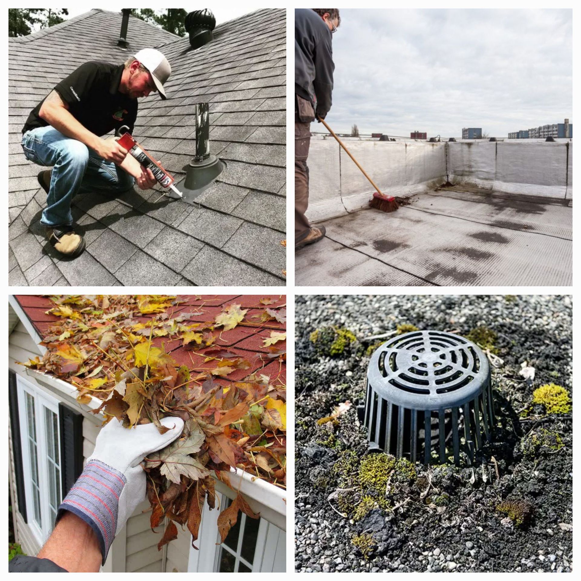 Roof maintenance: applying sealant, sweeping, cleaning gutters, and clearing a drain.