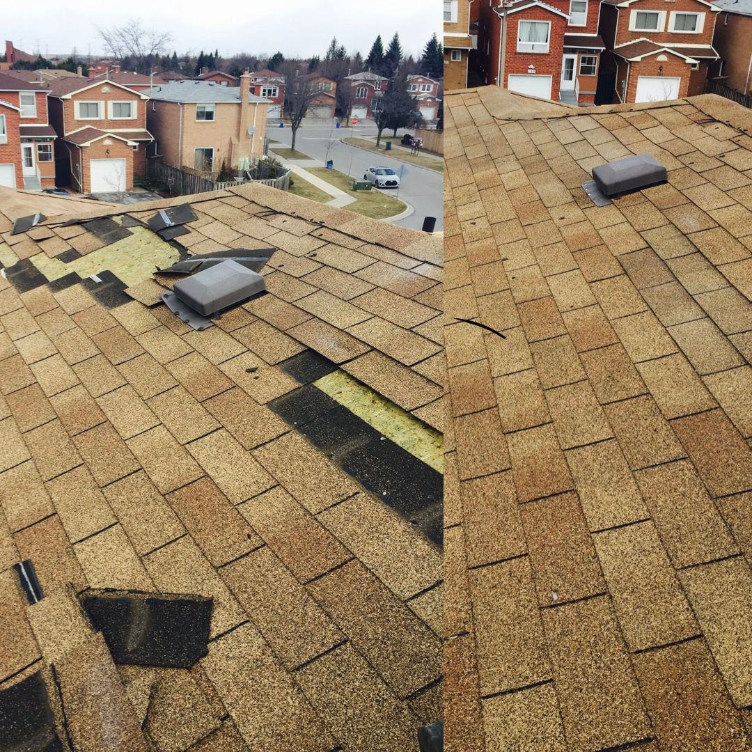 A before and after picture of a roof with a hole in it
