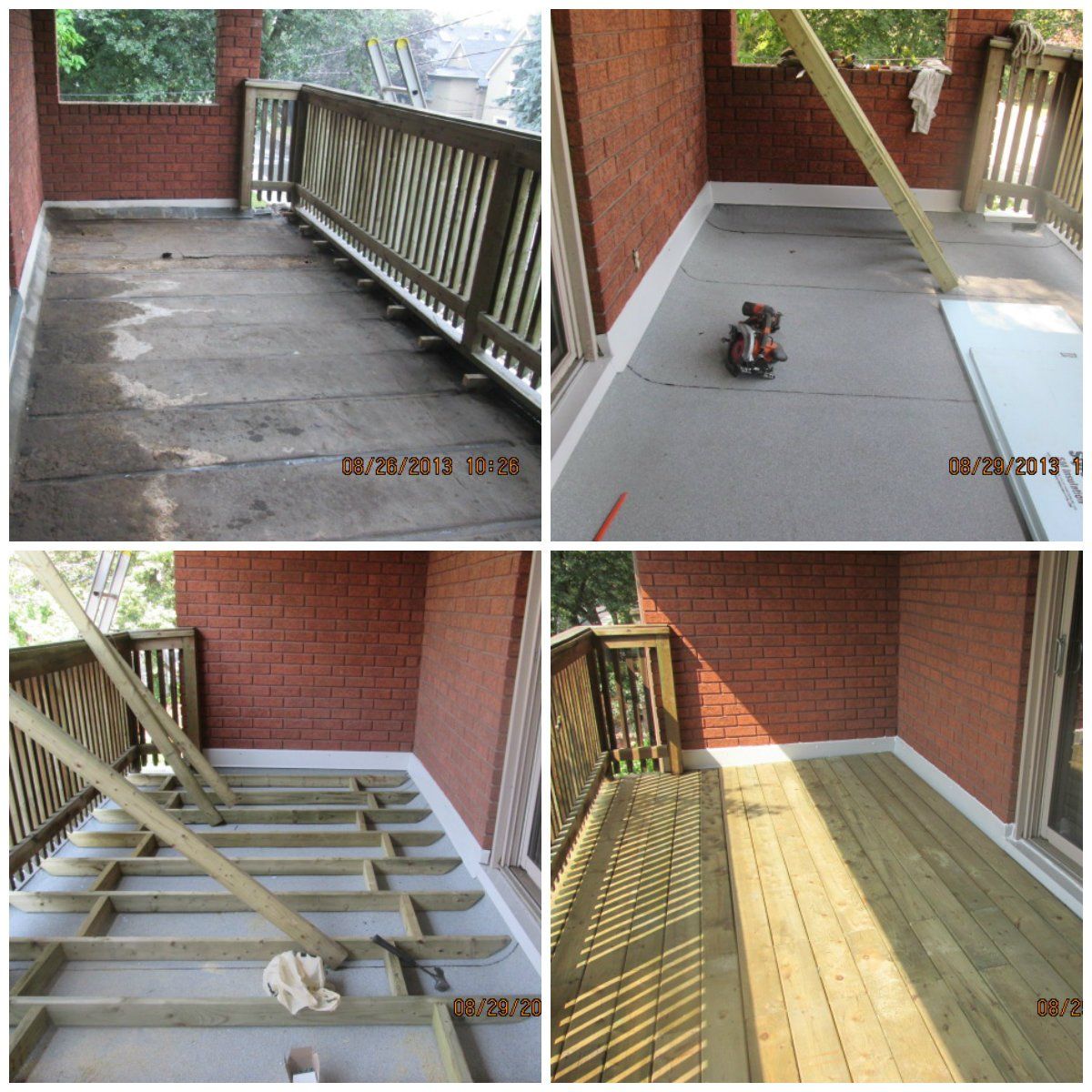 A collage of four pictures of a deck being built