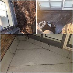 A collage of three pictures of a building with a hole in the floor.