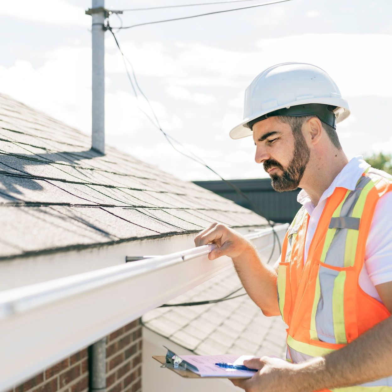A man wearing a hard hat and safety vest is looking at a gutter on a roof.