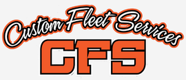 The logo for custom fleet services gfs is orange and black on a white background.