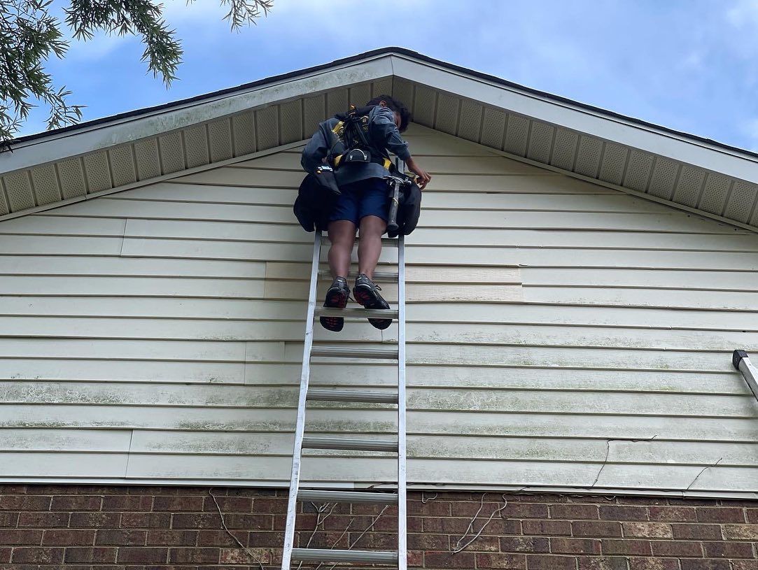 A man wearing a gas mask is standing on a ladder on the side of a house.