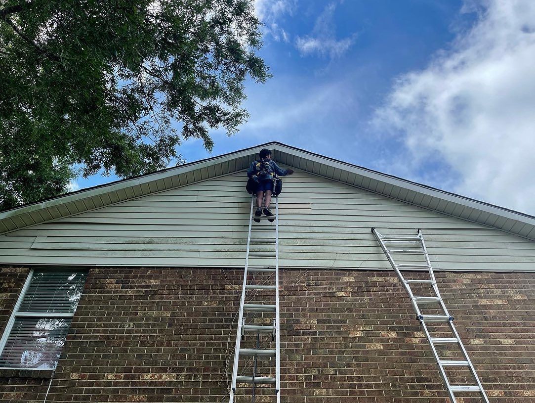A man is standing on a ladder on the side of a house.