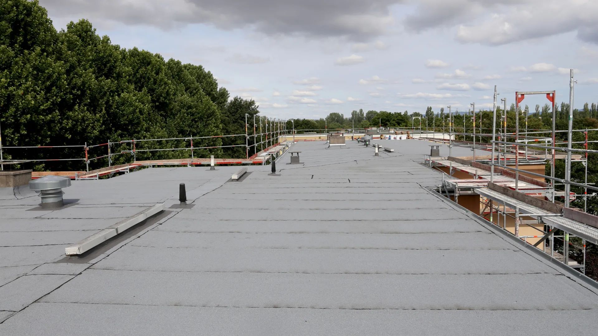 Flat, gray rooftop with safety rails, looking out to trees and a cloudy sky.