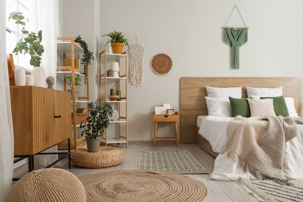 A bedroom with a bed, dresser, nightstand, rug and plants.