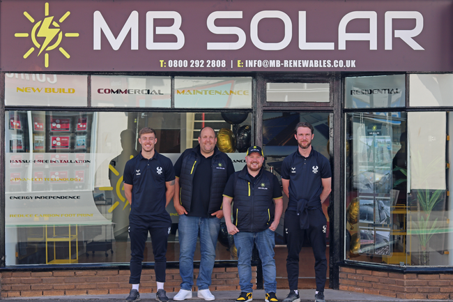 MB Solar with Kidderminster Harriers outside the new MB Solar showroom on Worcester Street, Kidderminster.