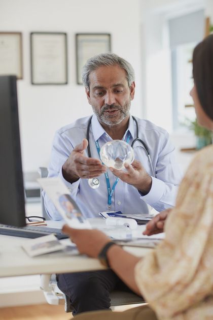 A doctor is holding a model of a brain while talking to a patient.