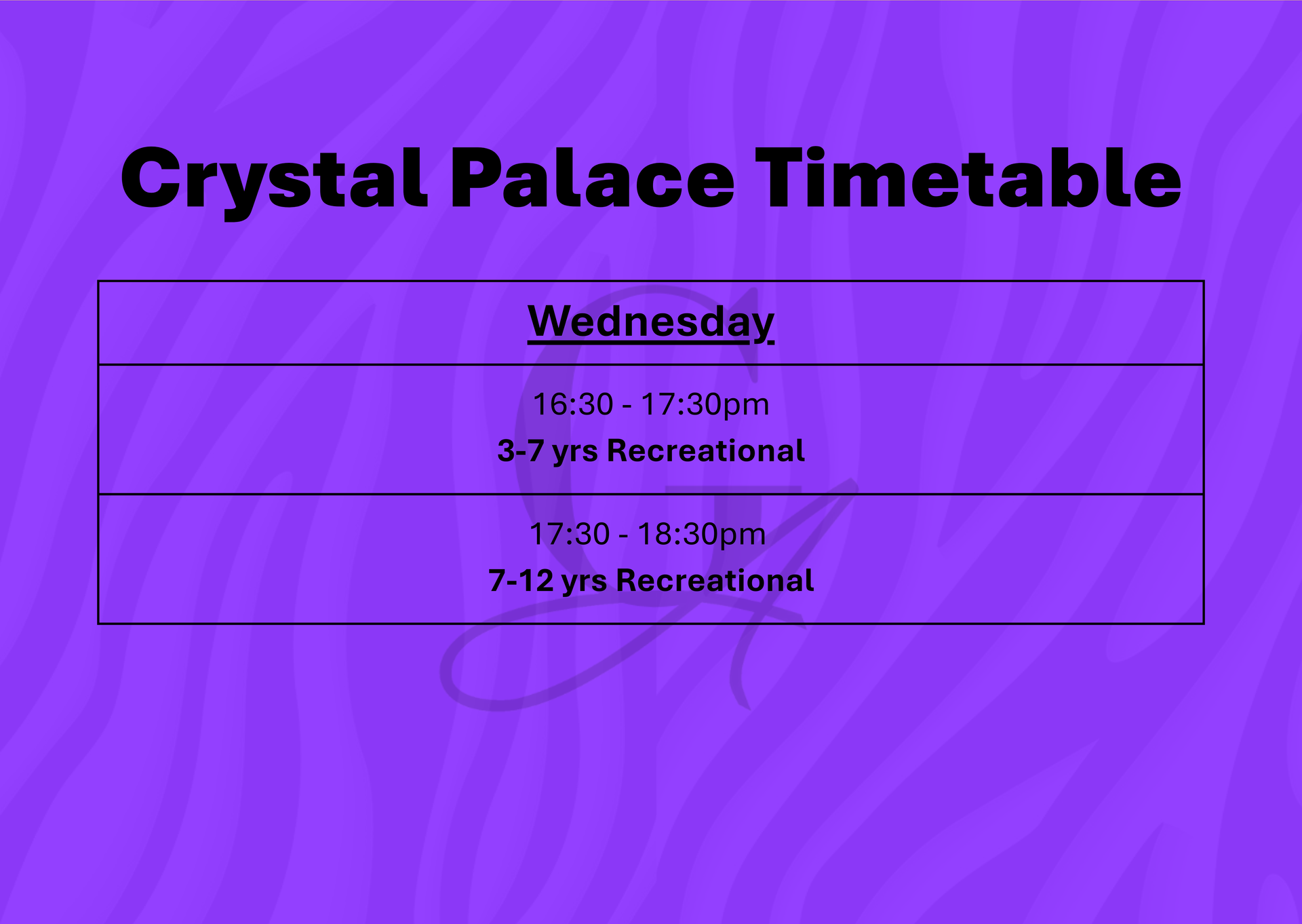 Crystal Palace Timetable for Wednesdays with times and age groups for recreational activities.