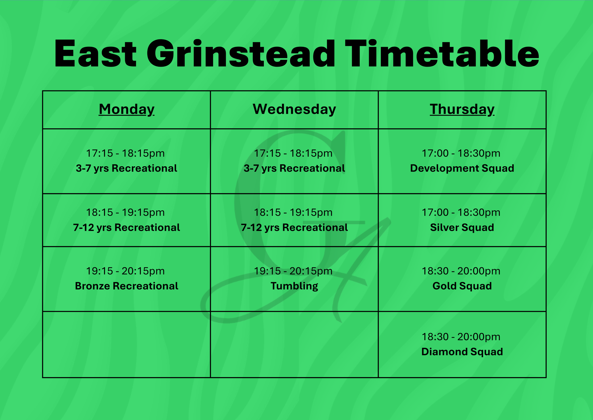 East Grinstead timetable: Schedule for Monday, Wednesday and Thursday activities, including 