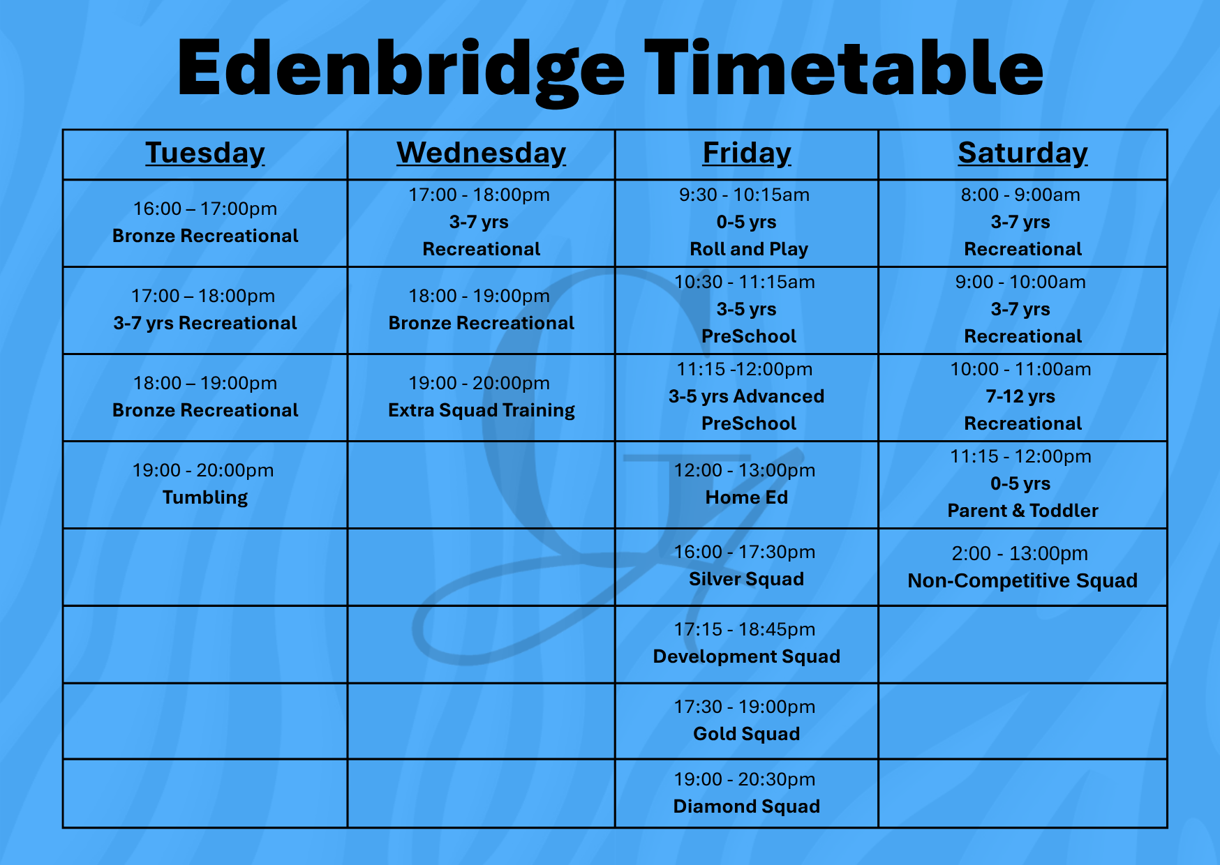 Edenbridge timetable, listing activities for Tuesday to Saturday.