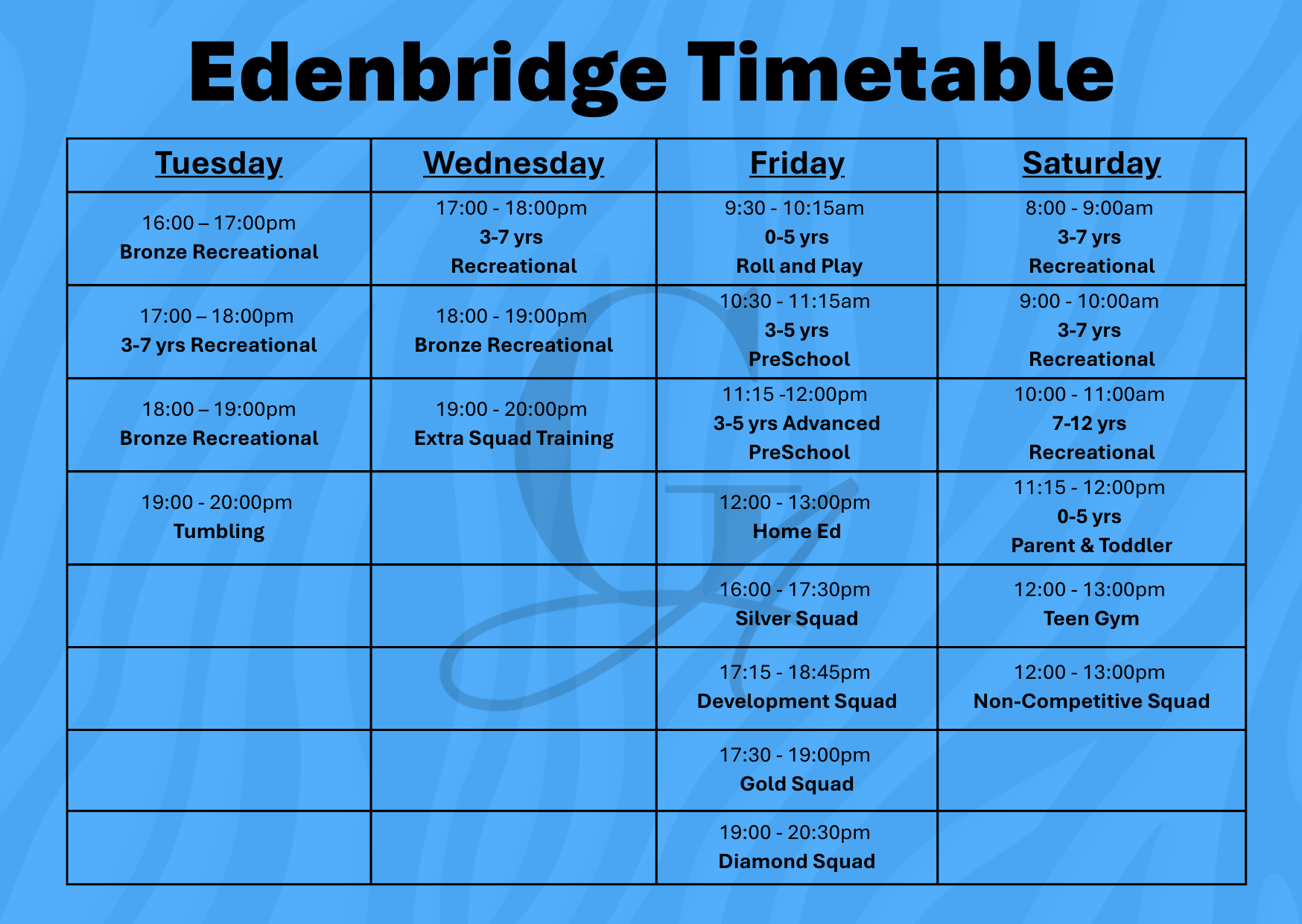 Edenbridge timetable, listing activities for Tuesday to Saturday.