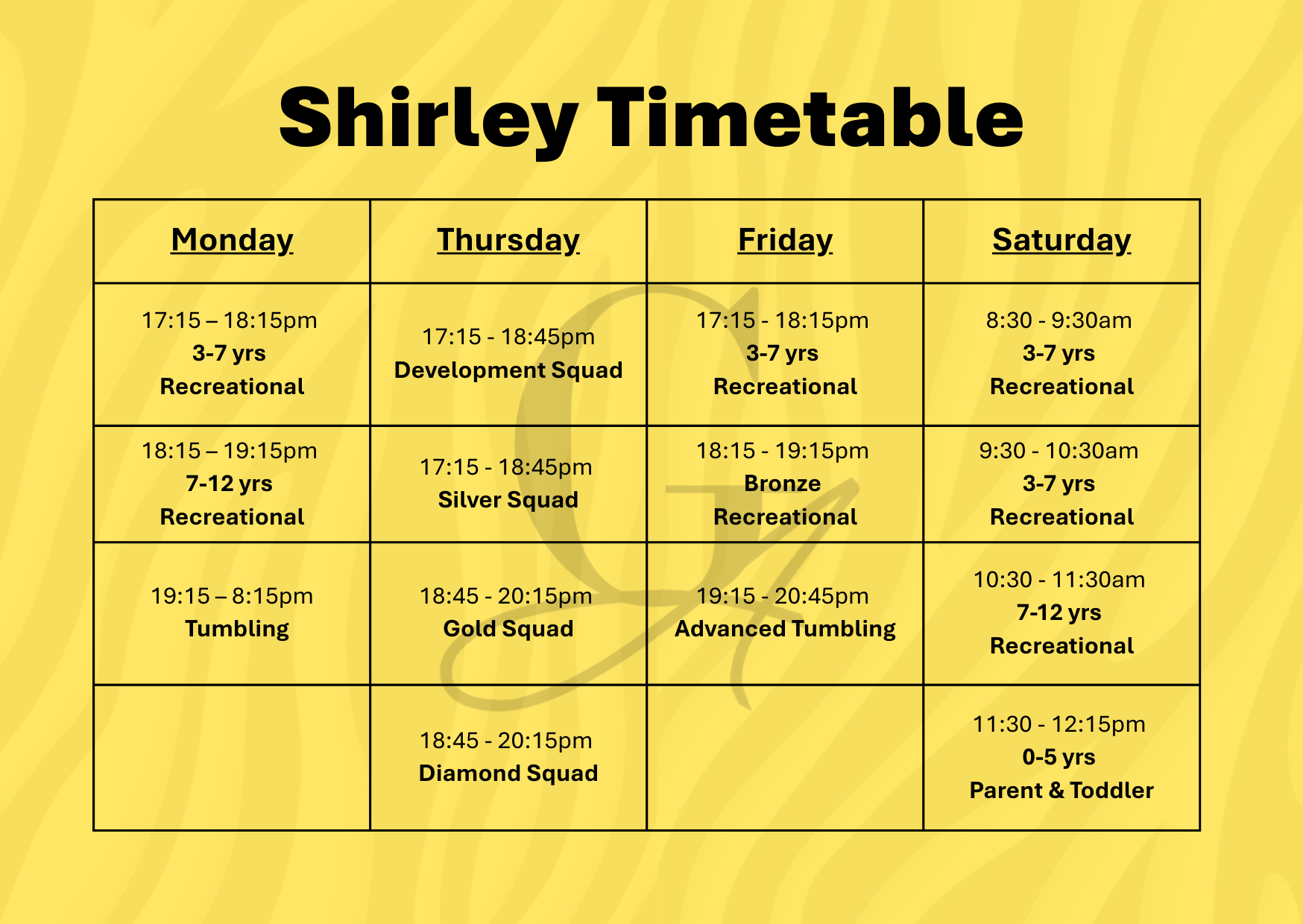 Shirley Timetable showing the schedule for recreation, tumbling, and squads with times and days.