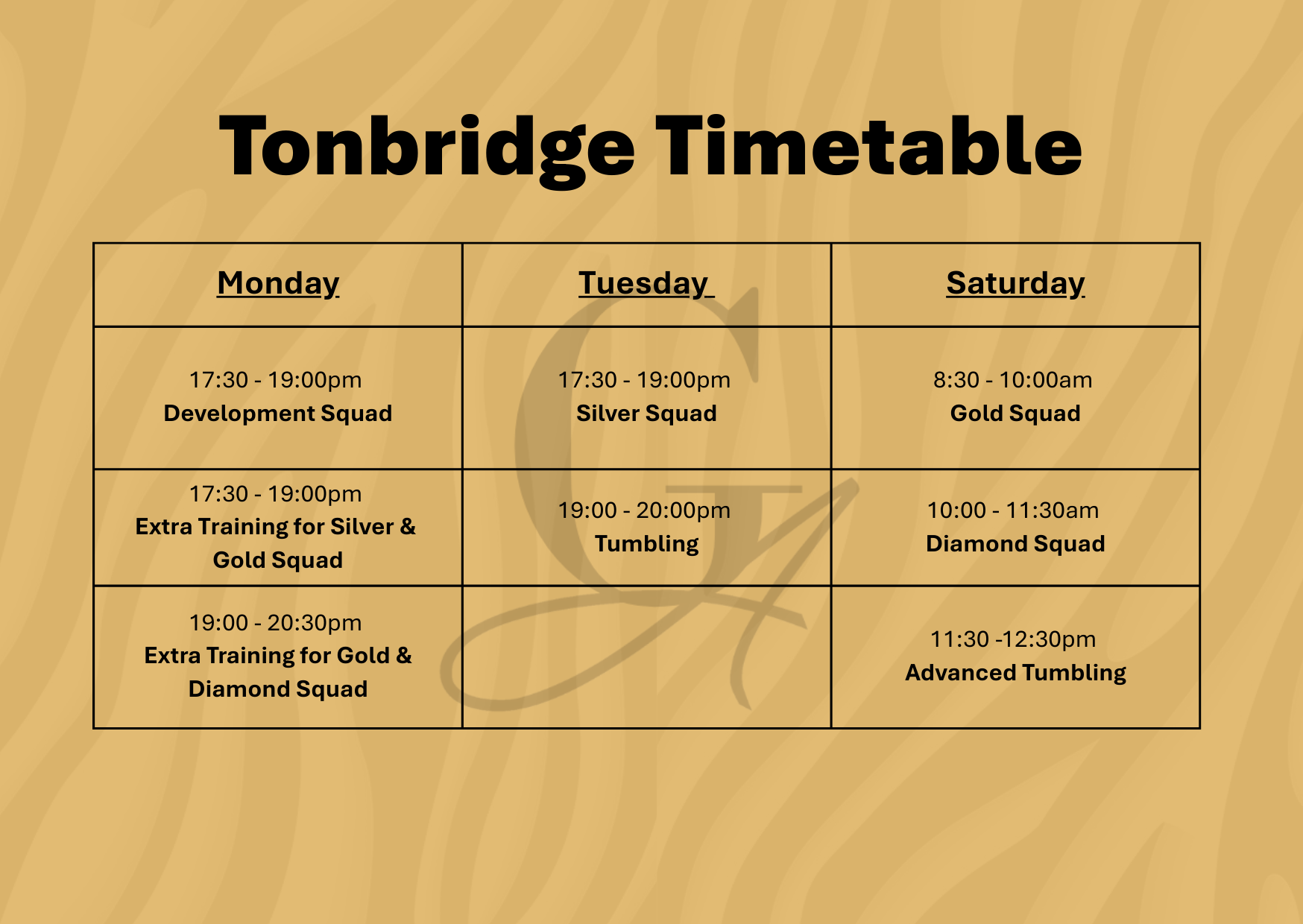 Tonbridge Timetable, showing training times for different squads on Mondays, Tuesdays, and Saturdays.