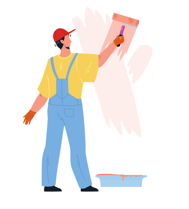 Man in overalls plastering a wall with a trowel, paint tray on the floor.