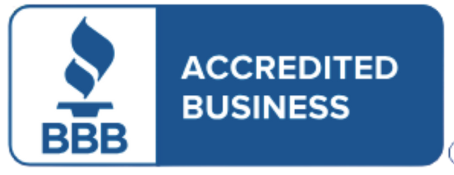 BBB Accredited Business logo, a white flame, text, and a blue background.