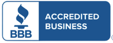 BBB Accredited Business logo, a white flame, text, and a blue background.