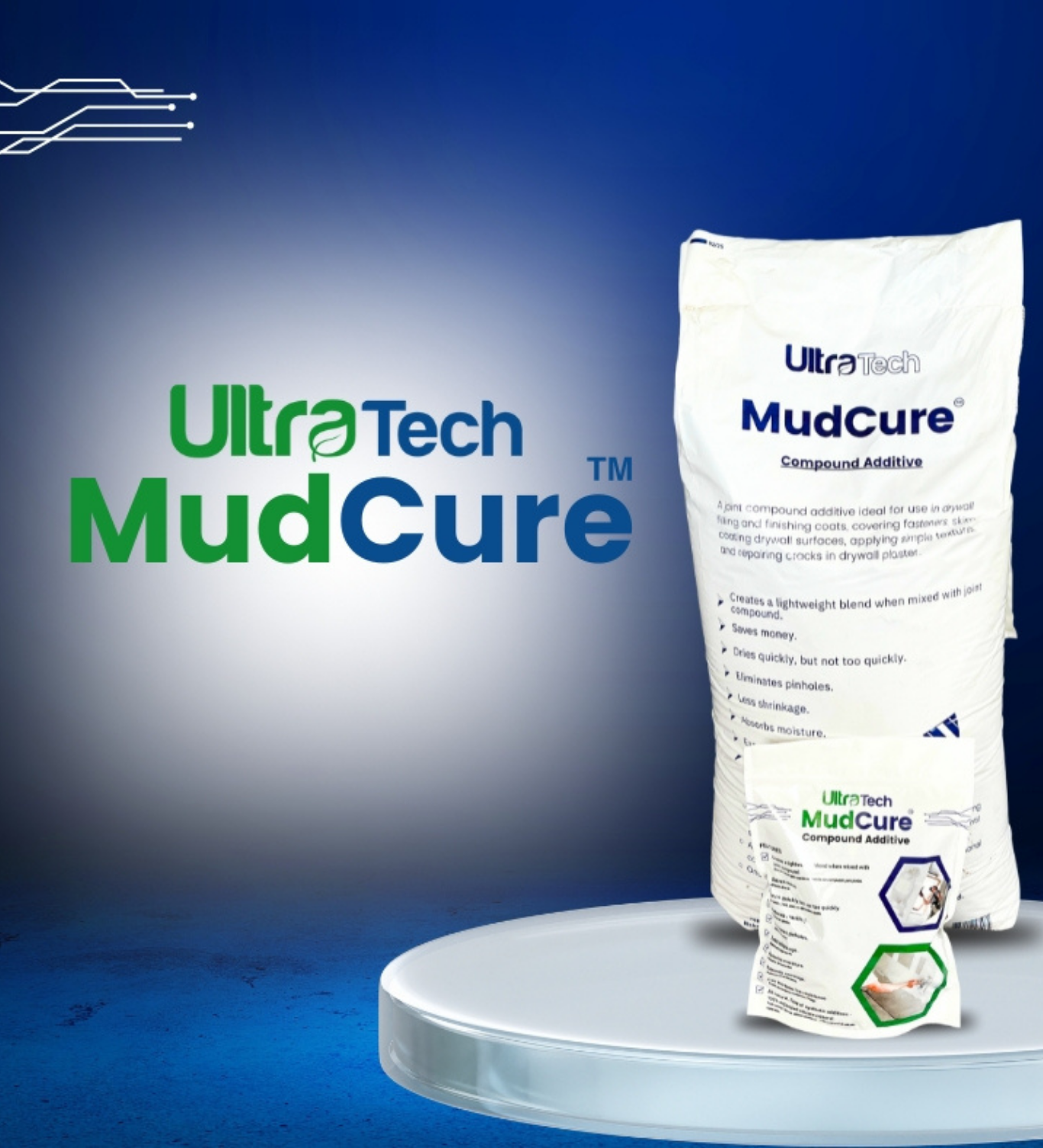 UltraTech MudCure product packaging on a blue platform, featuring a large bag and a small packet, with green and white text.