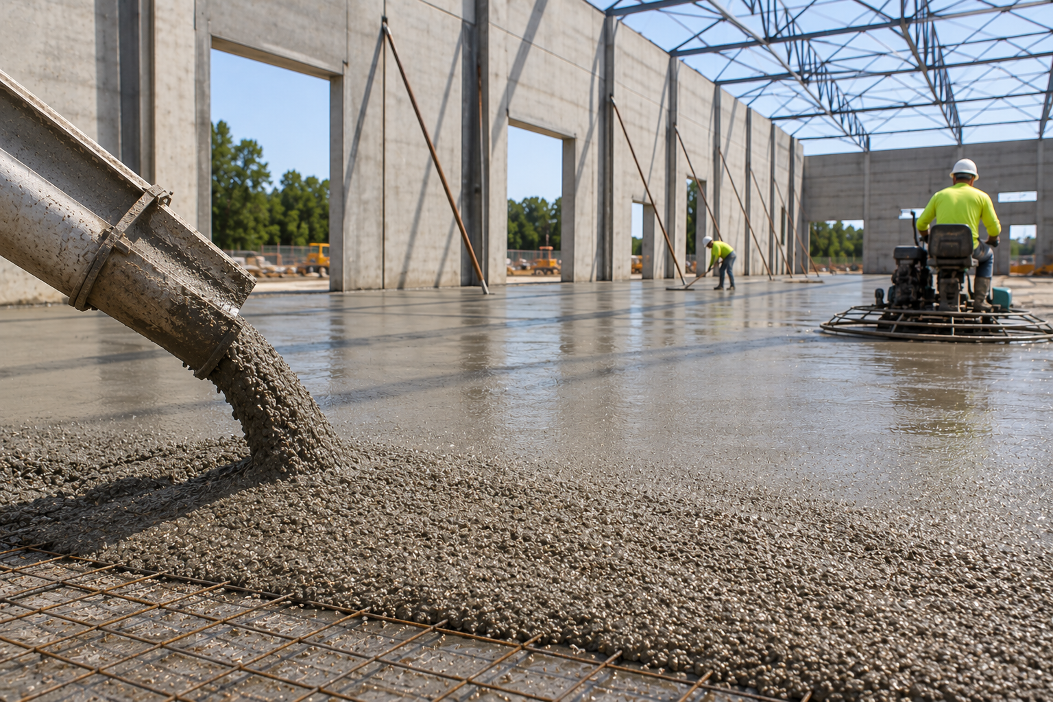 Concrete being poured onto construction site concrete slab