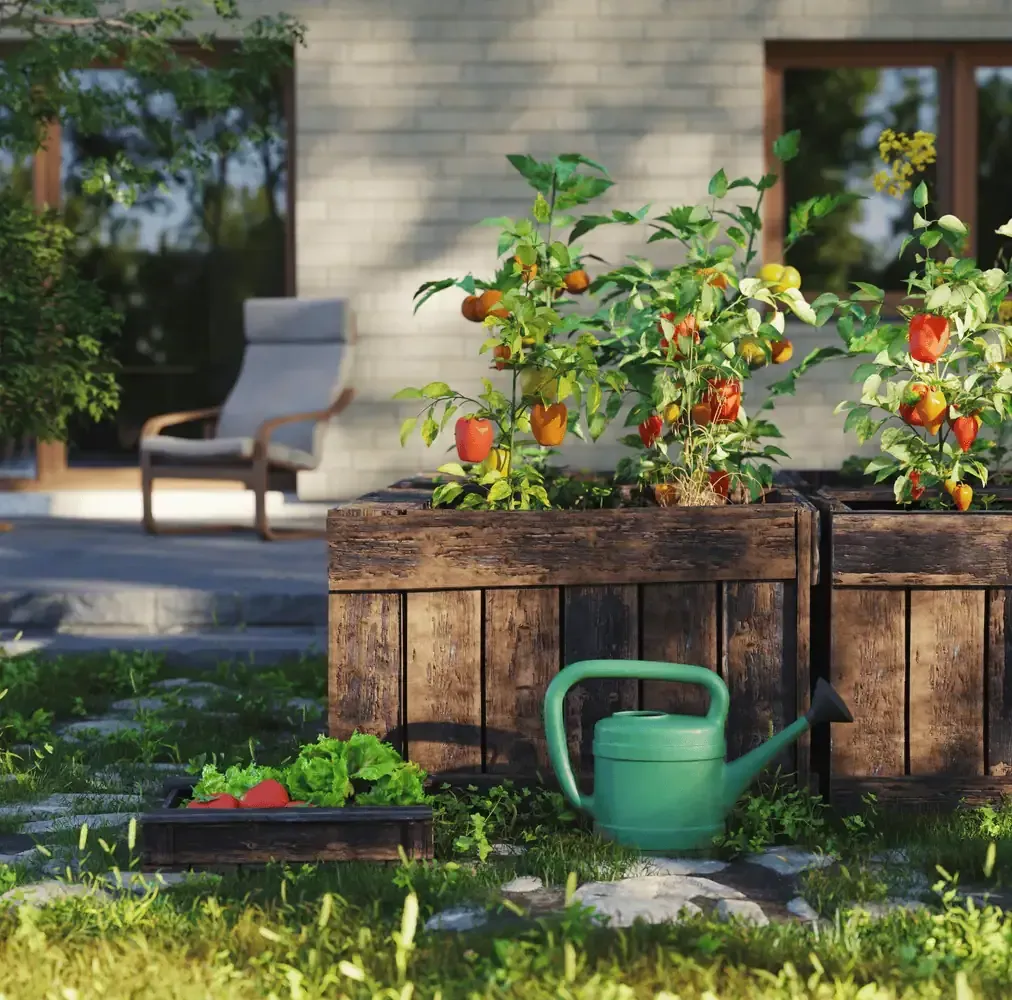 Wooden planters with pepper plants, a green watering can, and a chair on a patio near a house.