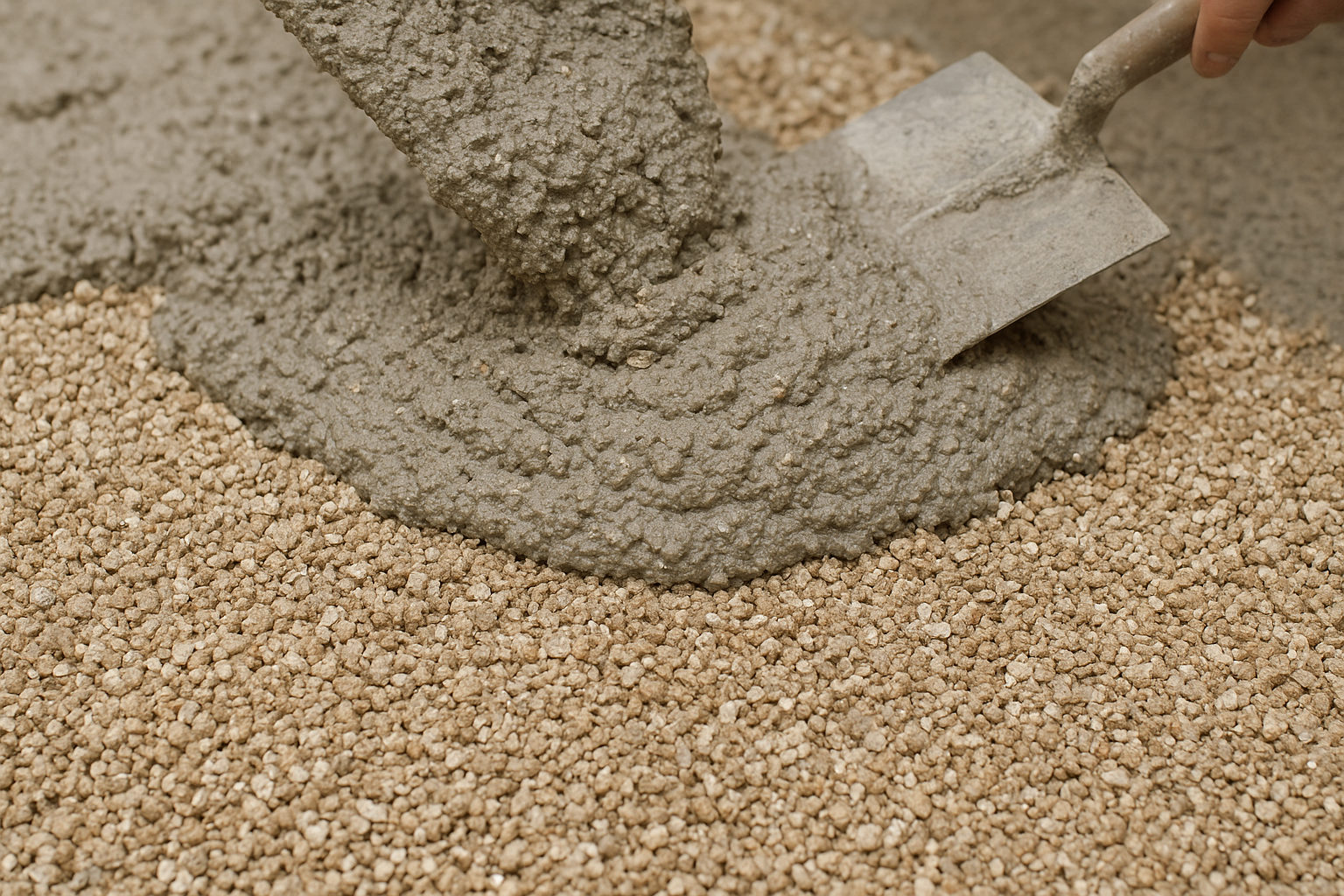 Concrete being poured onto a bed of small, tan stones; a trowel is in use.