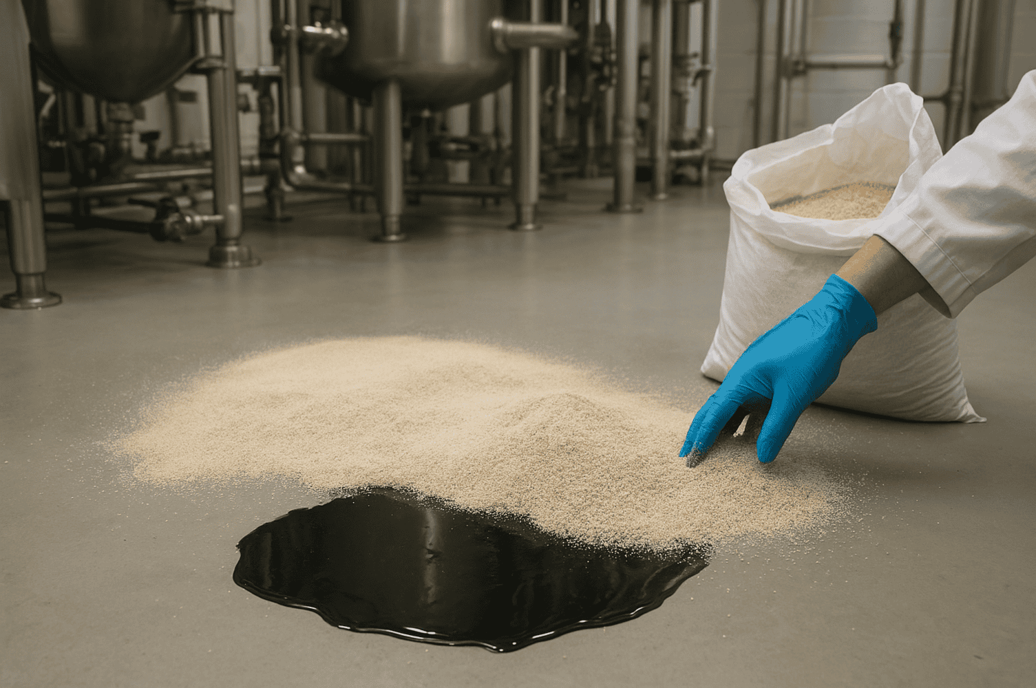 Person in blue glove touching spilled grain and dark liquid on factory floor near a bag.