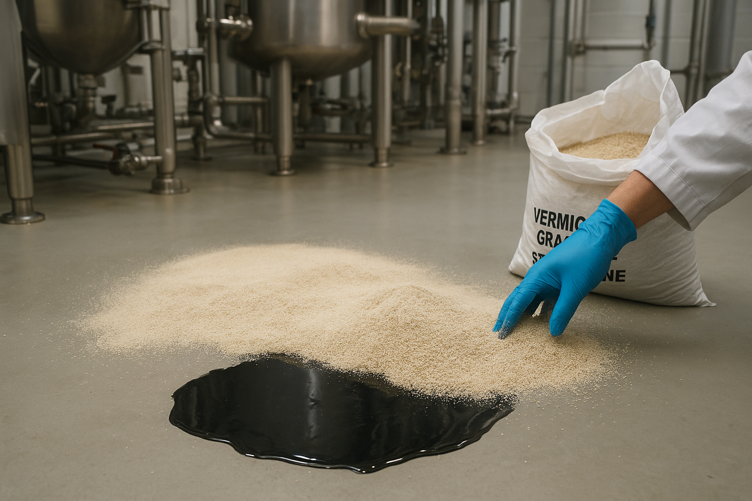 Person in lab coat and gloves examines spilled granular material on floor with a dark liquid puddle in a factory setting.