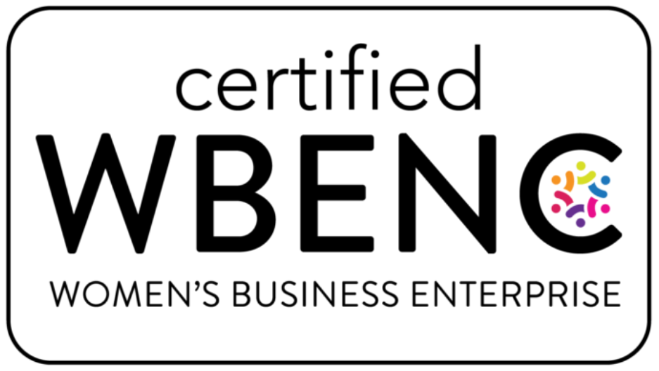 Certified WBENC logo, black text, Women's Business Enterprise, color dot cluster, rectangular border.