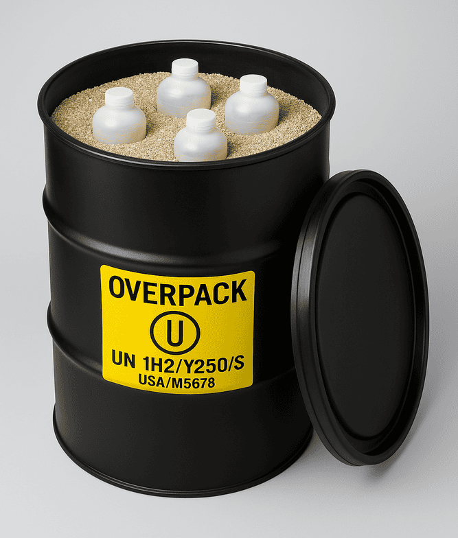 Black overpack drum with open lid, containing four white bottles in sand, with a yellow hazardous material label.