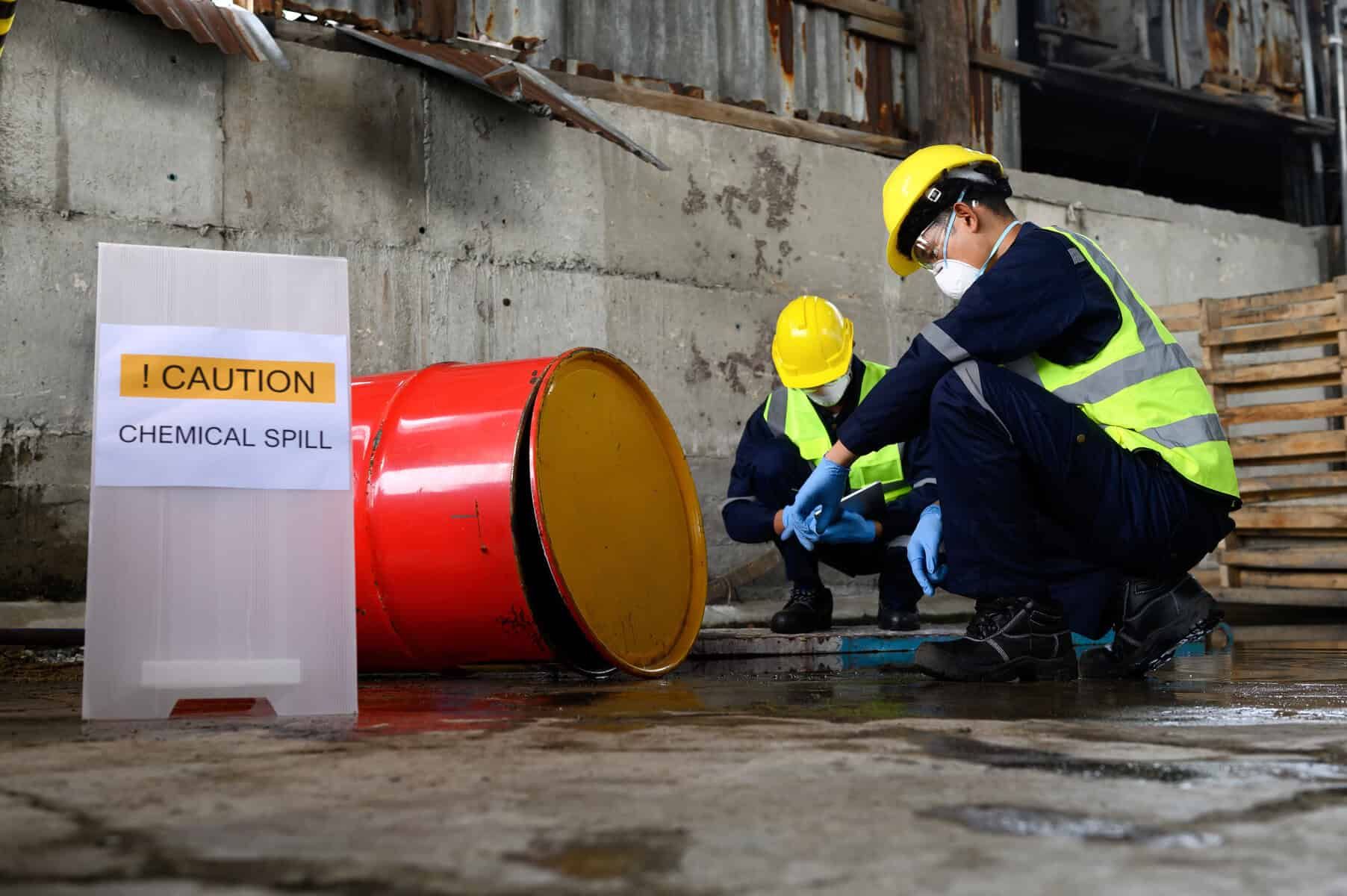 Two workers in protective gear cleaning a chemical spill from a tipped red drum in a warehouse. Enironmental solutions