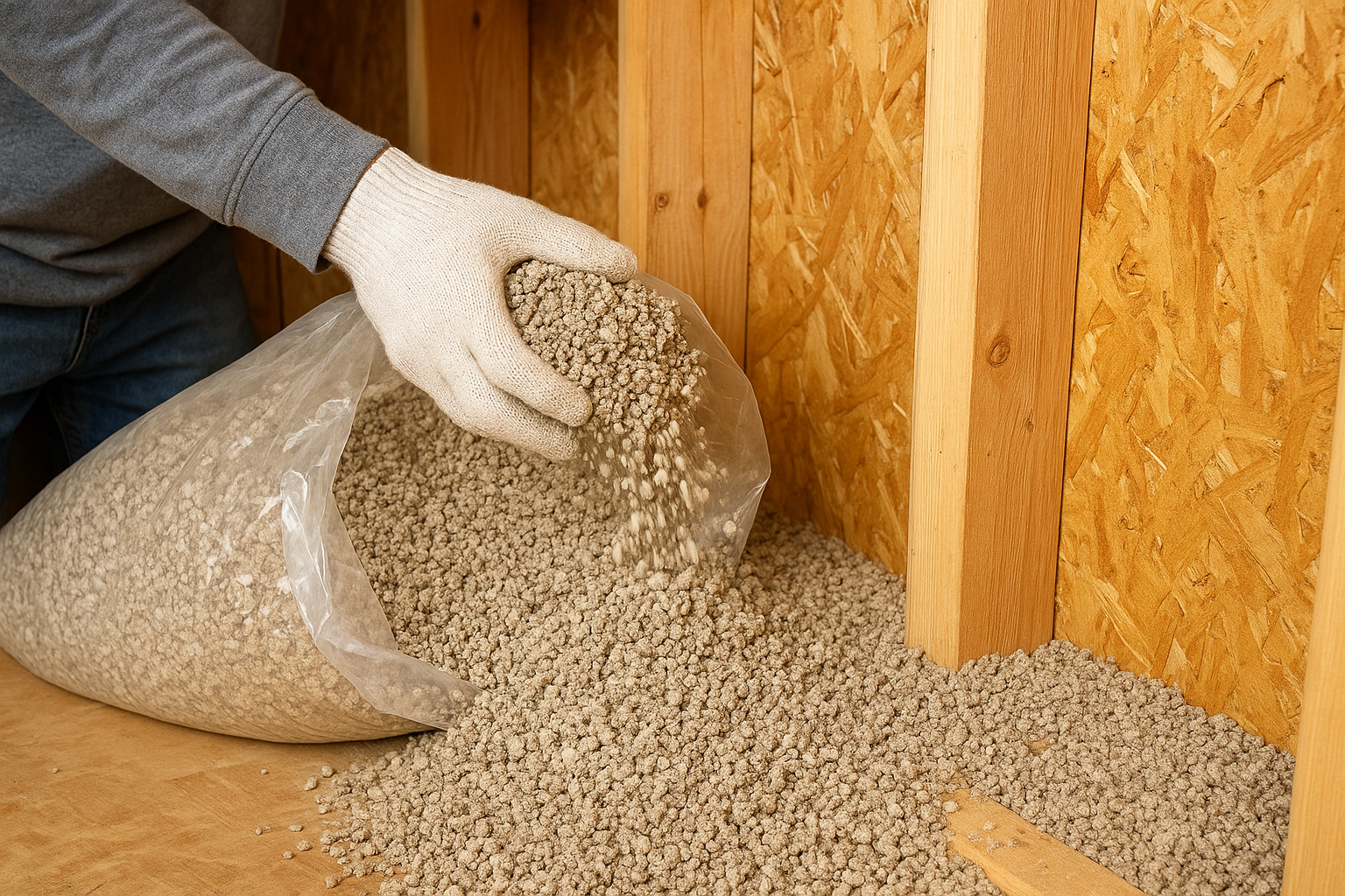 Person pouring insulation pellets into a wall cavity, wearing gloves; wooden framing and OSB paneling visible.