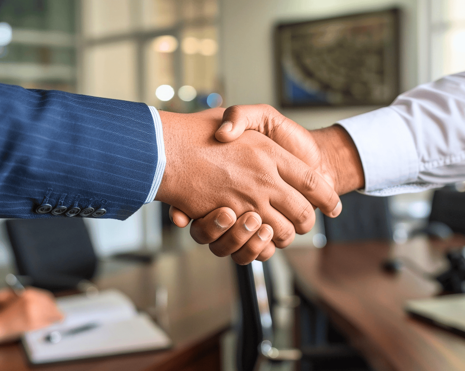 Two men in business attire shaking hands across a table, signifying a deal.