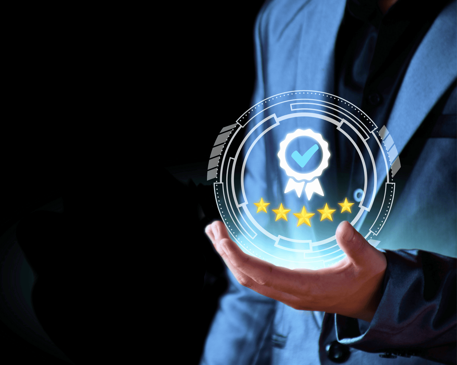 Person holding a glowing badge with checkmark and stars, representing quality assurance.